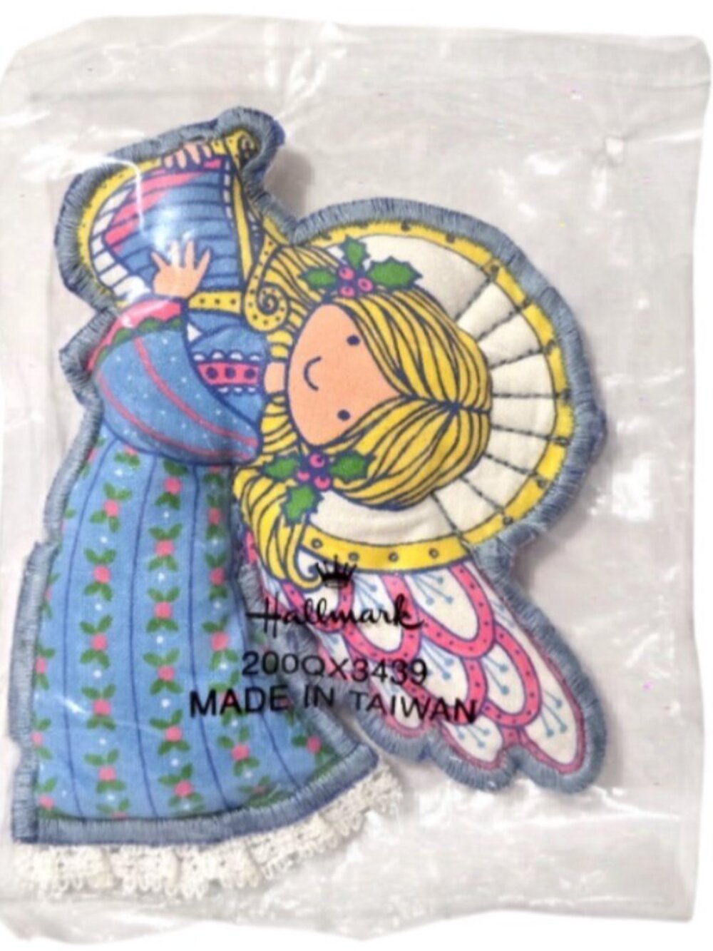 Vintage Hallmark Angel Christmas Ornament 1980s 4" Blue Dress Plush Fabric NIP